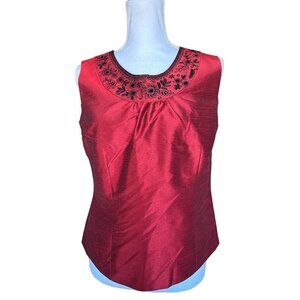 Silkland Women's Top Silk Blend Size 8 Red Black Hand Beading Sleeveless NEW